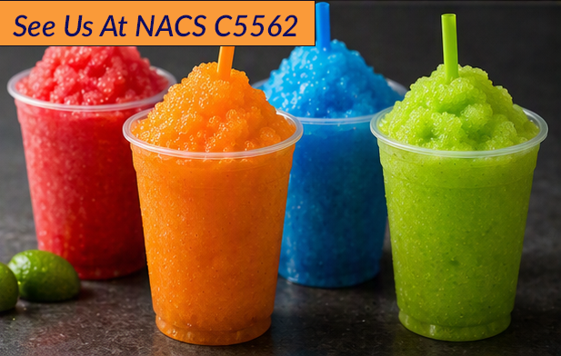 Four colorful frozen slush drinks in cups